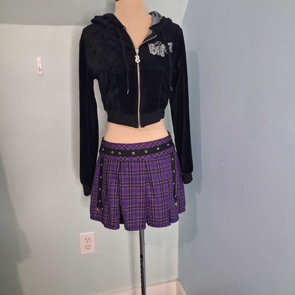 Tripp NYC Purple Plaid Pleated Mini Skirt Grommet D-Ring Punk Grunge Goth XS